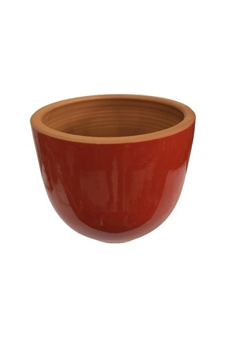 Kırmızı Renk Sırlı , El Yapımı Tombul Toprak Saksı 30 27 Cm