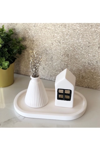 Thiramis Homeconcept Beyaz Tepsimini Vazo & Siyah Detay Ev Mumluk 3'lü Set