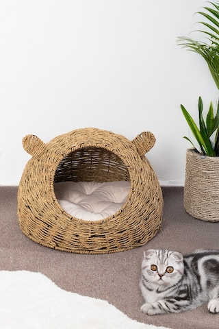 Porsima Ph49 Doğal Hasır Örgü Kedi Köpek Yuvası Kedi Köpek Yatağı 55x40cm