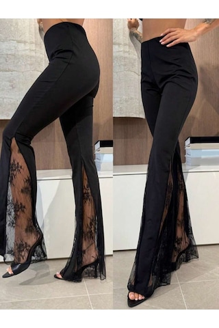 Veraura Lifestyle Kadın Yüksek Bel Paçaya Doğru Dantellı Dalgıç Pantolon Siyah