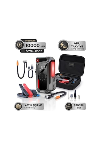Oto Akü Takviye Cihazı & Dijital Lastik Şişirme Pompası Çantalı 10000 Mah Bataryalı