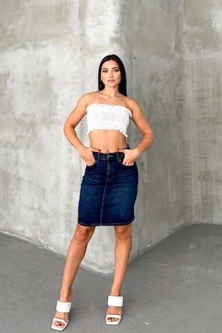 HLT Jeans Koyu Mavi Kadın Regular Fit Yüksek Bel Orta Boy Denim Kot Etek Alice-4006 Koyu Mavi