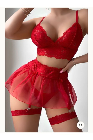 Month And Day 5 Parça Dantelli Lüks Jartiyer Takım Kirmizi