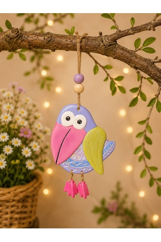 El Boyaması Kuş Duvar Süsü Balkon Ve Bahçe Dekoru Jüt İpli Asılabilir Dekoratif Süs 15x13 Cm Pembe