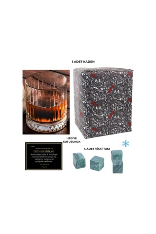 330 Cc Italy Serisi Büyük Kadeh Viski Bardağı 4 Adet Viski Taşı Hediyeli Beyaz