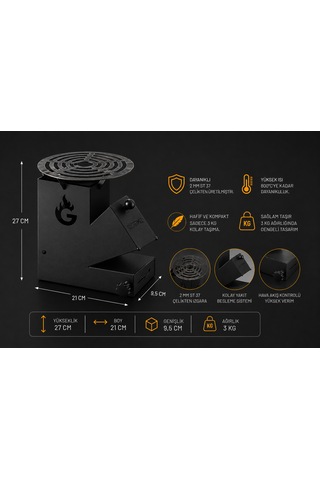 Roket Soba, Rocket Stove 27x21x9,5 Kamp Ocağı, Odun Veya Pelet Kolay Yakıt Besleme Kapağı Ve 800 Derece Isıya Dayanıklı 2 Mm Çelik Üretim Siyah