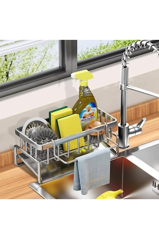 Maiyame Paslanmaz Çelik Mutfak Tezgahı Organizatörü - Otomatik Drenajlı & Havlu Askılı 112 Karakter Gümüş