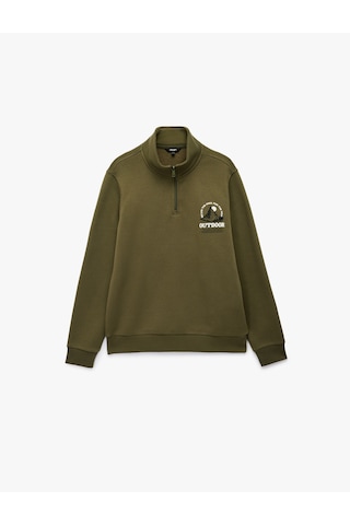 Koton Baskılı Yarım Fermuarlı Şardonlu Uzun Kollu Dik Yaka Sweatshirt Haki 7wam70043mk