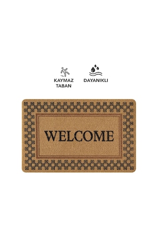 Coco Entry Ps029a Damalı Çerçeve Welcome Desen Kalın Kaymaz Taban Nem Alıcı Şık Kapı Önü Paspası Hardal