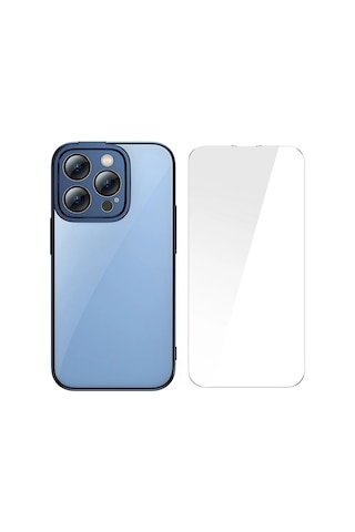 Baseus Glitter Apple iPhone Uyumlu iPhone 14 Pro 6.1 Renkli Kenar Silikon Kılıf + Tempered Ekran Koruyucu Set- 5775 Siyah