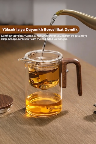 Borosilikat Cam Sihirli Demlik Ahşap Saplı Isıya Dayanıklı Çaydanlık 520 Ml Şeffaf
