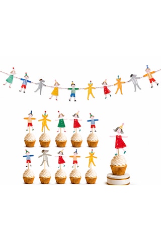 El Ele Tutuşan Çocuklar Parti Bannerı 3 Metre + 10 Adet Cupcake Kürdan Seti Doğum Günü Süsü Dekorasyonu Tüm Yaşlar