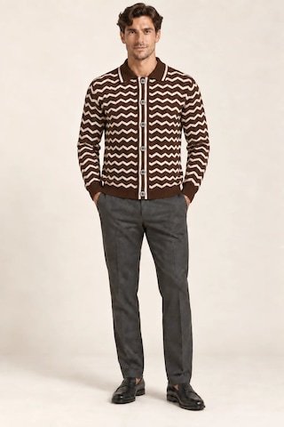 Tarz Cool Erkek Polo Yaka Zikzak Desenli Düğmeli Triko Hırka Akrilik Karışımlı Slim Fit Kahverengi