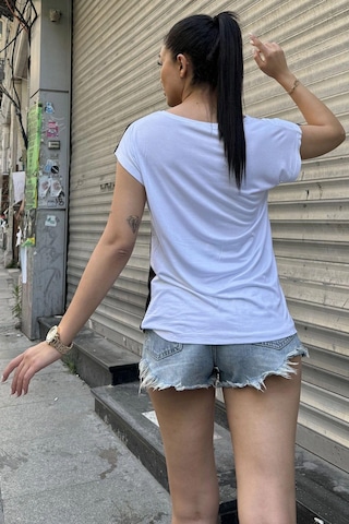 Kadın Sarı & Beyaz Kısa Kol, Color Block Tasarım, Salaş Bluz, Tshirt Sari