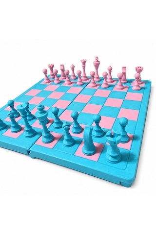Katlanabilir Satranç Takımı 21x21 Cm Pembe Mavi Çocuk Ve Yetişkin Satranç Seti, Taşınabilir Strateji Oyunu