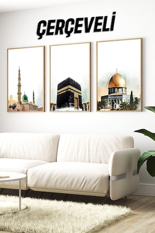 Kâbe, Mescid-i Nebevi Ve Kubbet-üs-sahra Temalı 3'lü Tablo Seti Crv1237 23 X 32