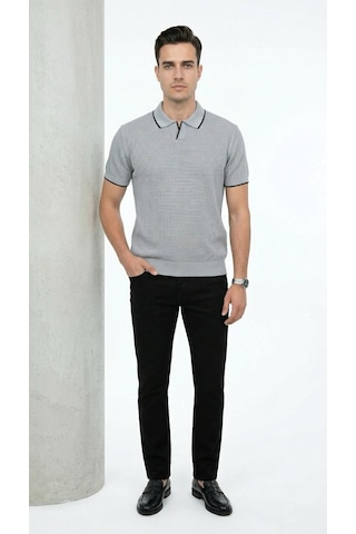 Plus Scorpion Erkek Pike Dokulu Triko Polo Yaka Tişört Slim Fit Şerit Detaylı Yazlık Model Gri