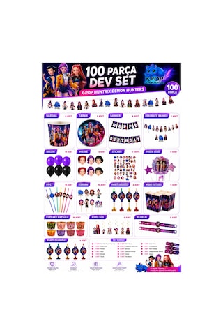 K Pop Huntrix Demon Hunters 100 Parça Dev Doğum Günü Parti Seti Banner Balon Bardak Tabak Süs +3