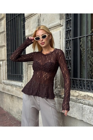 Kadın Bisiklet Yaka Full Esnek Dantel Bürümcük Spor Şık Tasarım Asimetrik Kesim Gece Bluzu Kahverengi