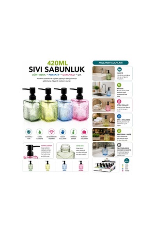 Alvetro Alv-06 Şeffaf Renkli Cam Sıvı Sabunluk 420 Ml - Dikdörtgen Çizgili Şişe- 12'li Paket Diğer