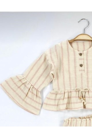 Babyhola Kız Bebek Çocuk Bayramlık Takım Volan Kollu Simli Müslin 2011 Somon