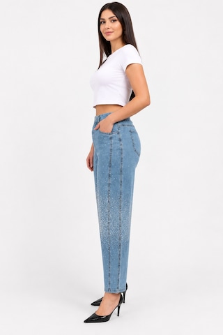 Büyük Beden Yüksek Bel Taş Detaylı Likralı Denim Mom Kadın Pantolon Mavi