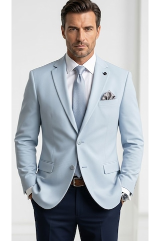 Plus Scorpion Erkek Slim Fit Çift Düğme Çift Yırtmaçlı Blazer Ceket Premium Dokulu Kumaş Bebe Mavisi