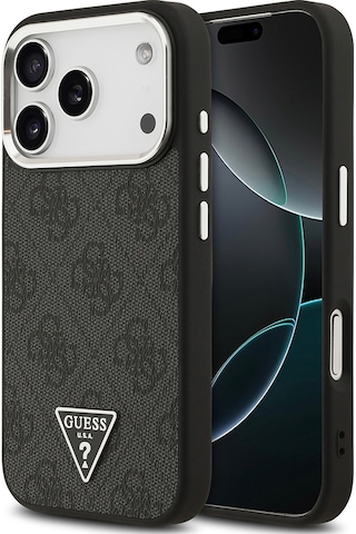 Apple Uyumlu iPhone 17 Pro Kılıf Guess Lisanslı M-safeli Gümüş Kamera Çerçeveli Üçgen Logo 4g Desenli Siyah Siyah