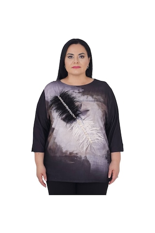 Büyük Beden Tüğlü Taş Detaylı Oversize Bluz Siyah