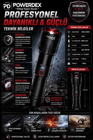 Profesyonel Zoomlu Avcı Feneri 40w 4000 Lümen 8800 Mah Şarjlı Led El Feneri Dijital Batarya Gösterge Çok Renkli