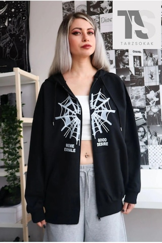 Adrift Örümcek Ağ Desire Sweatshirt Fermuarlı Hırka Siyah