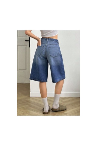 Kene Jeans Lazer Ön Yırtıklı Mavi İşlemli Kot Şort Mavi İşlemli