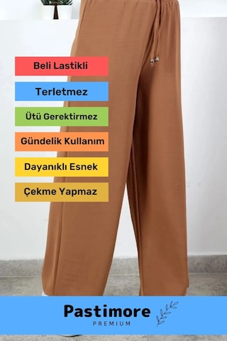 Yeni Sezon Terletmez Rahat Kalıp Beli Lastikli Bol Paça Salaş Yazlık Kadın Kahve Aerobin Pantolon Kahverengi