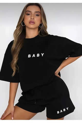 Hırsch Kadın Siyah Oversize Yazlık Baby Baskılı Şort T-shirt Takım Mat Siyah