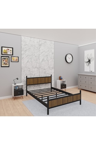 Gm 305 Modern Çift Kişilik Ahşap Metal Siyah Ceviz Karyola 150x200