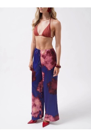 Defymoda Bel Lastikli Desenli Saten Pantolon Lacivert