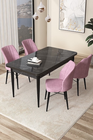 Canisa Concept Arp Serisi 70x110 Sabit Mutfak Masası Takımı Siyah Mermer Desen Masa 4 Pembe Sandalye Masa Siyah Mermer Desen Sandalye Pembe