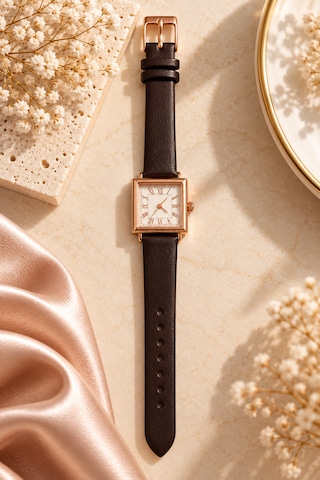 Kadın Kol Saati Kahverengi Deri Kordon, Roma Rakamlı Kadran Rose Gold