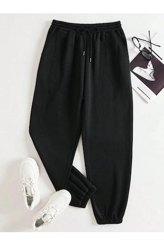 Unisex Kadın/erkek Özel Renkli Düz Paça Lastik Eşofman Altı Jogger Siyah