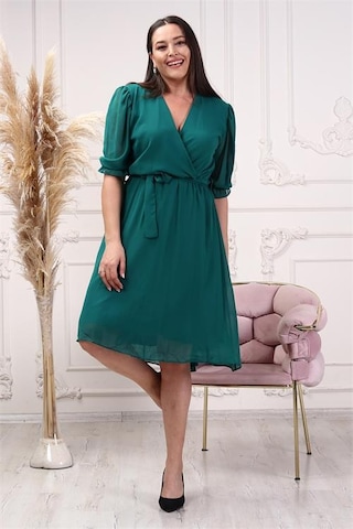 Neşeli Butik Kadın Yeşil Kruvaze Yaka Midi Boy Büyük Beden Şifon Elbise Nb8062 Yeşil