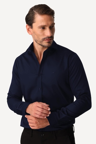 Igs Lacivert Slim Fit Dar Kalıp Klasik Yaka Düz Uzun Kollu Cepsiz %100 Pamuk Non Iron Ütü İstemeyen Gömlek -20002