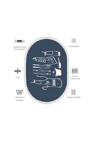 Dijital Kaymaz Yıkanabilir Banyo Mutfak Salon Paspas Halısı Trend Saçaklı Oval Al4032 Indigo