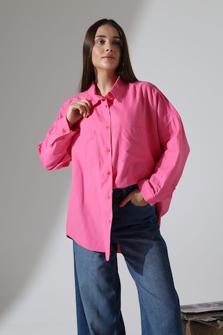 Yeni Sezon Poplin Kumaş Çift Cepli Oversize Pamuklu Kadın Tunik Gömlek Pembe
