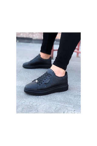 Mevese Tromto Bağcıklı Cilt Delikli Erkek Günlük Sneaker Ayakkabı - Siyah