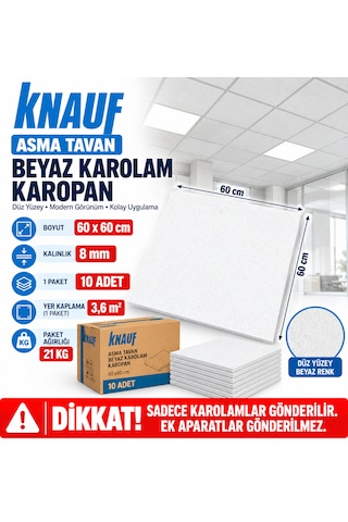 Knauf Asma Tavan Beyaz Karolam Karopan 60x60 Cm 1 Pakette 10 Adet 3.6 M2 Yer Kaplar 21 Kg 60x60cm