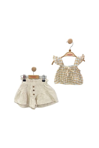 Kız Bebek Çocuk Üst Pütükare Askılı Şortlu Takım-13869 Bej