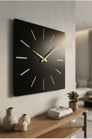 Kare Ahşap Siyah Renk Sade Sayılı Hediyelik Sessiz Duvar Saati 50cm Siyah