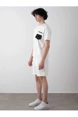 Erkek Teenage Fermuarlı Oversize Şortlu Takım-15543 Beyaz