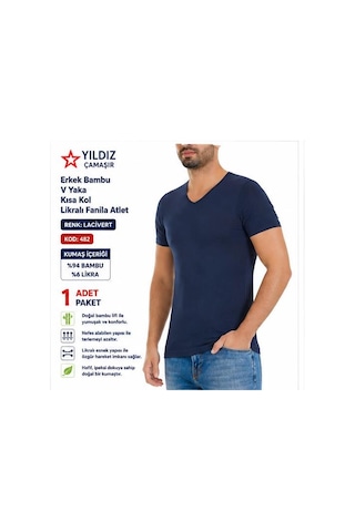 Yıldız Çamaşır Erkek Bambu V Yaka Kısa Kol Likralı Fanila Atlet 480-481-482 - 1 Adet Lacivert