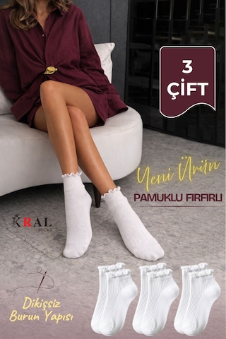 Kral Socks 3 Çift Pamuklu Fırfırlı Kadın Patik Çorap Dikişsiz Burun Beyaz